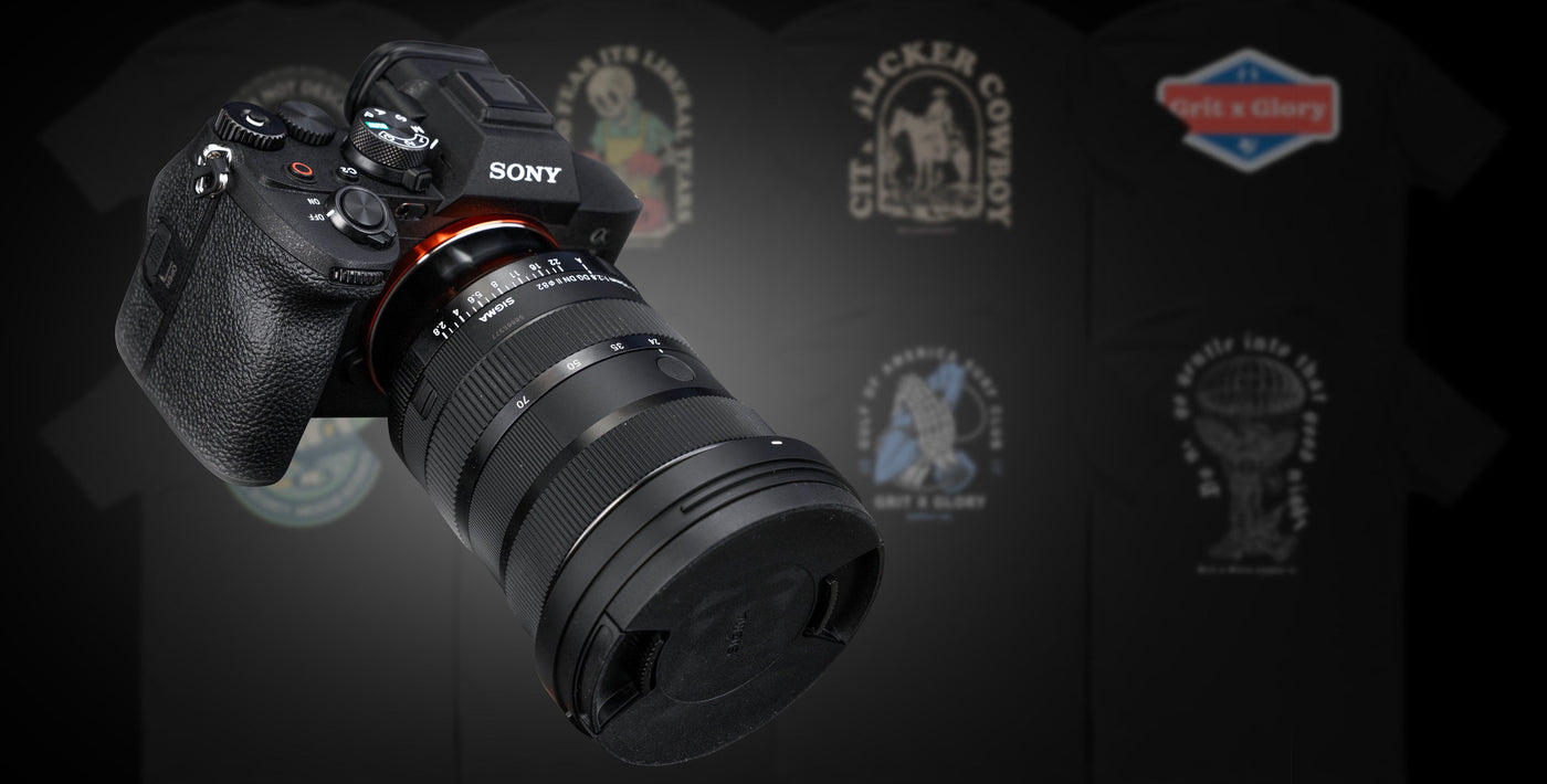Sony camera with lens on a dark background with brand logos.