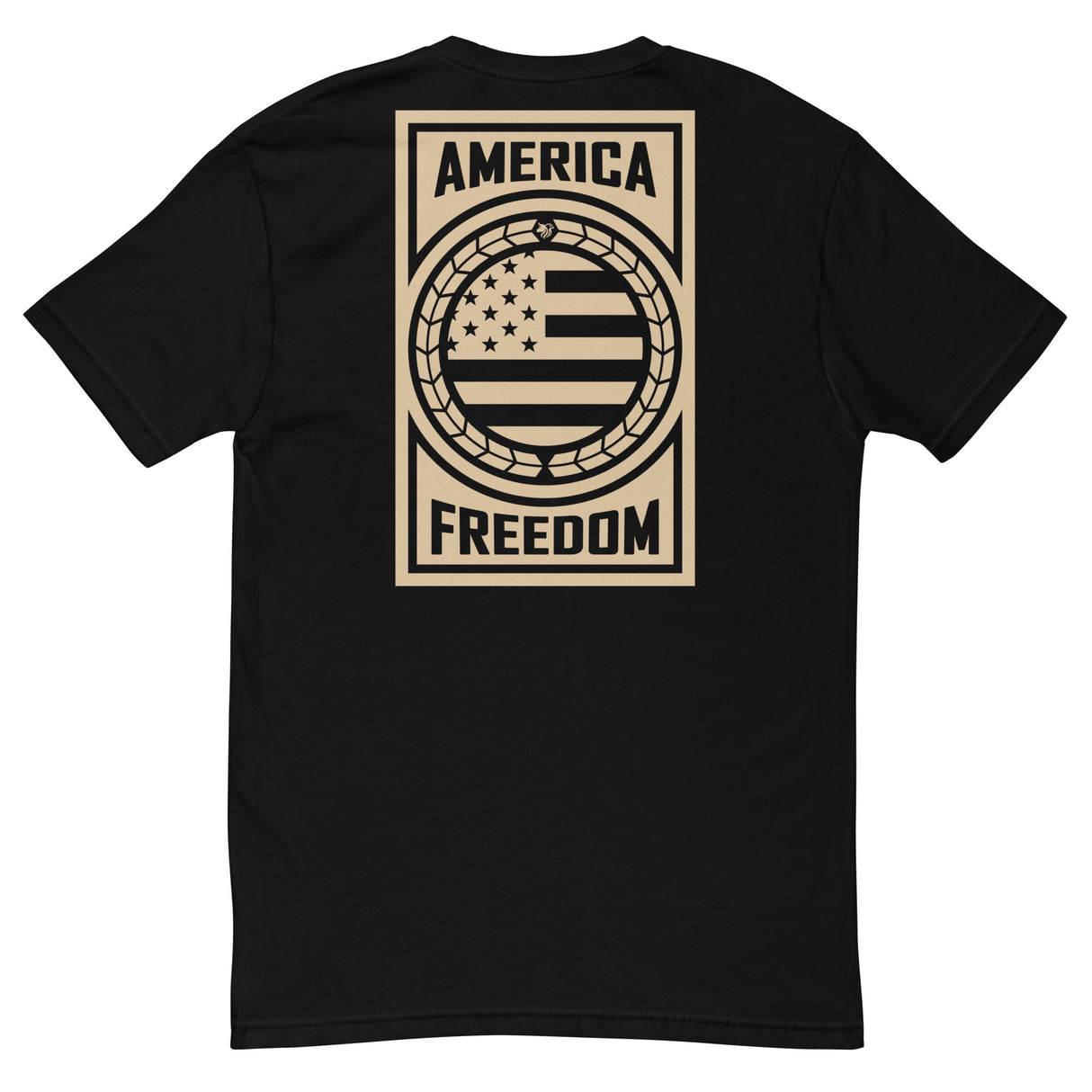 Stylish black t-shirt featuring "American Freedom" graphic, perfect for a comfortable, lightweight wardrobe staple.