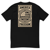 Stylish black t-shirt featuring "American Freedom" graphic, perfect for a comfortable, lightweight wardrobe staple.