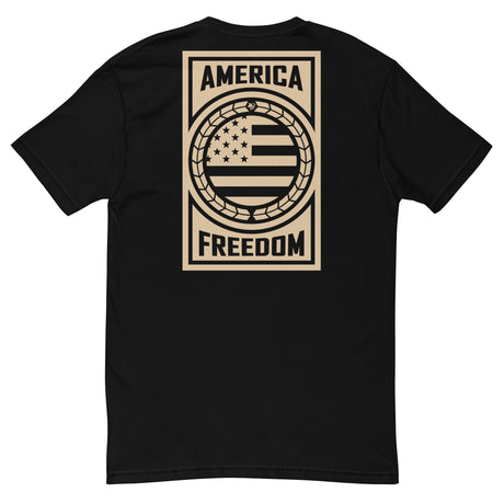 Stylish black t-shirt featuring "American Freedom" graphic, perfect for a comfortable, lightweight wardrobe staple.