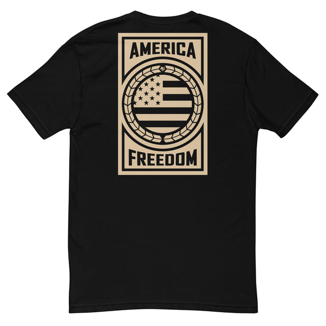 Stylish black t-shirt featuring "American Freedom" graphic, perfect for a comfortable, lightweight wardrobe staple.
